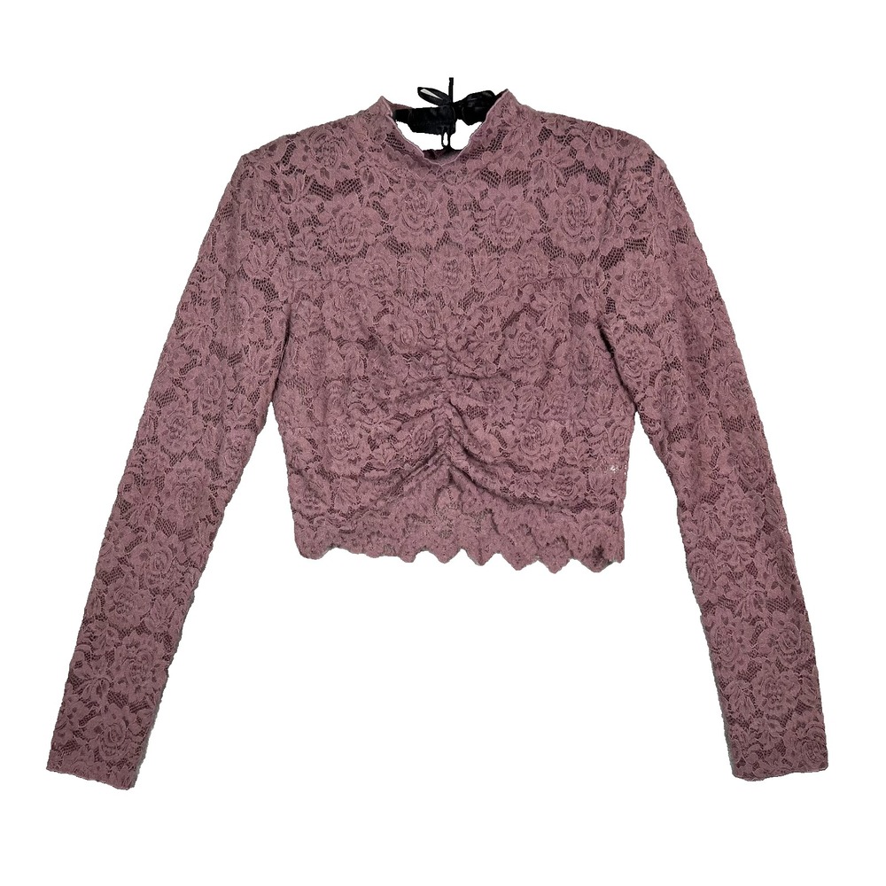 LULUS Fuzzy Ruched Lacey Purple Top Long Sleeve Women Large Coquette Cottagecore - Picture 1 of 16